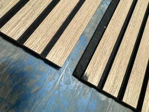 lot 95 image: EAZART 2pc Acoustic Wood Slat Panels with Foam - 43.3 x 18.9 - Walnut