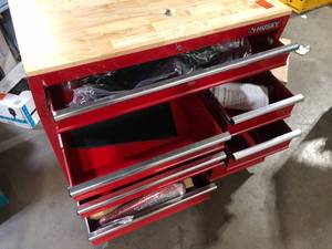Husky 42 in. W x 18.1 in. D 8-Drawer Red Mobile Workbench Cabinet with Solid Wood Top Customer Returns See Pictures