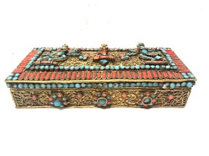 lot 16 image: Antique Tibetan or Nepalese Hand Hammered Brass Box w Inlaid Stones