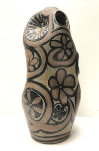 lot 19 image: Very Nice LARGE Vintage Sculptural Art Pottery Vase wFace & Flowers