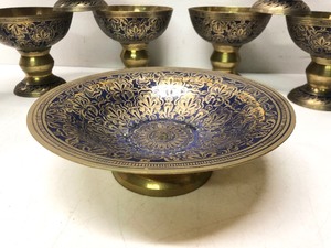 lot 20 image: Very Nice Lot of Hand Painted India Brass Chalices & Pedestal Bowl