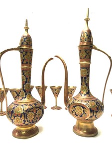 lot 21 image: Beautiful Set of Hand Painted India Brass Chalices & 2 Large Tea or Coffee Pots
