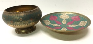 lot 23 image: Lot of 4 Very Nice Vintage EnameledPainted Brass Pedestal Bowls etc