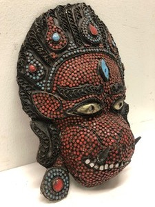 lot 28 image: Ornate Antique Nepalese Mask wTurquoise & Coral on Metal