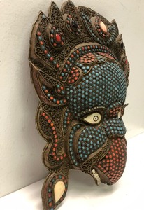 lot 29 image: Ornate Antique Nepalese Garuda Mask wTurquoise, Coral, Lapis & Bone on Copper 
