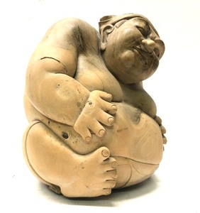 lot 33 image: Large Round Vintage Carved Smiling Seated Buddha Figure