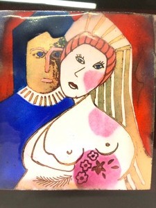 lot 37 image: Framed Signed Vintage Enamel on Copper Artowrk by Geraldine Grove Bride & Groom