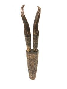 lot 63 image: Old Vintage Tibetan Small Double Dagger Set wOrnate Case & Antler Handles