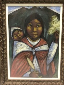 lot 80 image: Vintage 1960s Framed Signed Original Painting by Arturo Nieto - Ecuadorian Weaver wChild