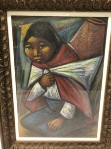 lot 81 image: Vintage 1960s Framed Signed Original Painting by Arturo Prieto - Young Woman w Water Jug