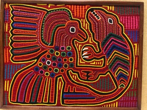 lot 83 image: Framed Vintage Handmade Mola Tapestry Bird & Lizard - Guna People - Panama