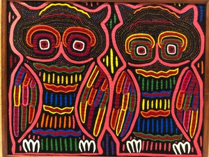 lot 84 image: Framed Vintage Handmade Mola Tapestry 2 Owls - Guna People - Panama