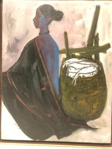 lot 106 image: Signed Vintage Mid Century 1960s Oil on Canvas Painting - Woman w Basket of Fish