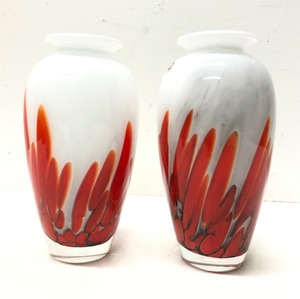 lot 166 image: Matching Pair of Signed OrangeRed on White Art Glass Vases