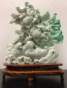 lot 183 image: Fantastic Large Carved Natural Jadeite Floral Sculpture wBirds