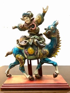 lot 3 image: Signed Antique Chinese Roof Tile Warrior Guardian Pottery Sculpture