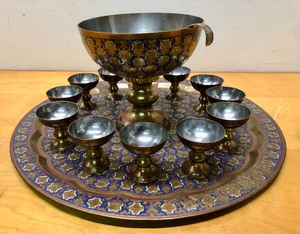 lot 22 image: Beautiful Set of Hand Painted India Brass Chalices & Large Pedestal Bowl & HUGE Platter
