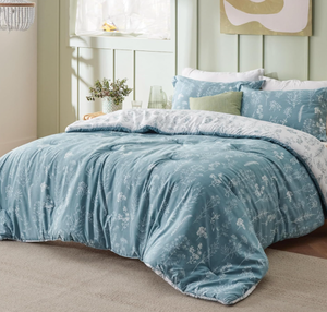 lot 253 image: Bedsure Queen Comforter Set - Blue Cute Floral Bedding 3 Pieces