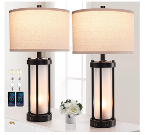 lot 273 image: RORIA SET OF 2 Modern Table Lamps with 2 USB Ports & White Frosted Glass