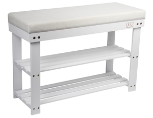 lot 277 image: Gold Armour , 3-Tier Premium Bamboo Shoe Rack Bench (White with White Cushion)