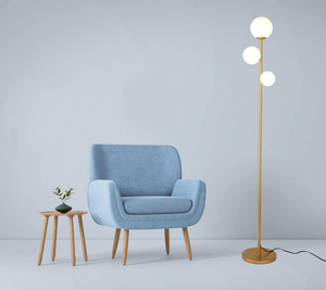lot 384 image: 3 Globe Contemporary Gold Lamp with Frosted Glass Shades Antique Brass
