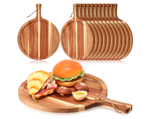lot 390 image: Tanlade 12 Pieces Acacia Wood Round Cutting Board with Handle
