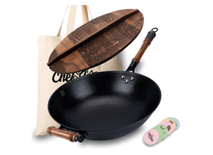 lot 400 image: ChefSeason Cast Iron Wok Flat Bottom 14.2 inch with Wooden Lid, Un-Coated & Pre-Seasoned Chinese Wok,