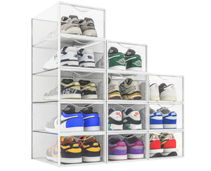 lot 428 image: 12 Pack Shoe Storage Bins, Clear Plastic Stackable Shoe Organizer Boxes