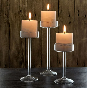 lot 46 image: LOT OF 10, 3 SET, Tall Glass Candle Holder Transparent Candlestick Holder
