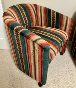 lot 128 image: Pair of Stellar Striped Vintage Upholstered Chairs by Robb & Stucky