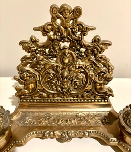 lot 8 image: French Baroque Repousse Gilt Brass Inkwell Letter Stand with Cherub Details