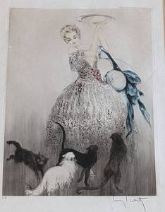 lot 24 image: Art Deco Lady and Cats Print by Louis Icart