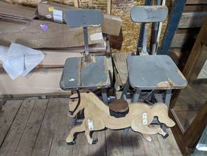 2 antique chairs and a wooden horse...