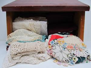 Larger Wooden Box Full of Vintage Linens Doilies etc