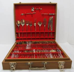 Very Nice Large Vintage Nickeled Bronze Flatware Set wStorage Case