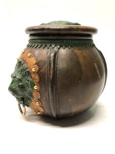 Gothic Vintage Italian LeatherGlass Jar wLion Head