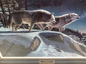 Framed Signed Numbered Kim Norlien Print wWolves - Midnight Prowlers