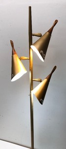 Very Nice Brass &amp Teak Mid Century 3-Light Conical Shade Floor Lamp