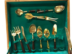 Very Nice Large Vintage Rosewood &amp Brass Flatware Set wStorage Case