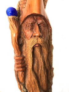 Awesome Vintage Large Carved Wood Spirit  Wizard Carving wBlue Glass Ball