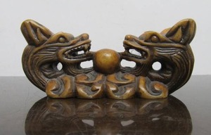 Antique Signed Chinese Carved Stone Dual Dragon Sculpture