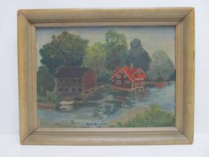 Framed Signed 1940 Oil on Canvas Board Painting - Houses on The Stream
