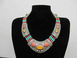 Large &amp Fantastic Old Tibetan Silver &amp Inlaid Stone Necklace