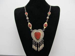 Wonderful Antique Turkomen Gilded Silver &amp Carnelian Heart Necklace