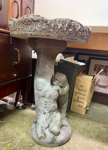 Heavy Cement or Concrete Birdbath wBear Motif