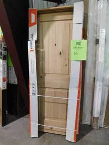 lot 66 image: (3) Krosswood Doors 30 in. x 80 in. Knotty Alder 2 Panel Square Top V-Groove Solid Wood Left-Hand Single Prehung Interior Door