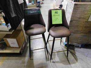 lot 129 image: Smeg 30 in. Brown High Back Metal Frame Bar Stool with Faux Leather Seat (Set of 2)