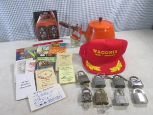 lot 18 image: (A-1) Lot of Misc Some Vintage Locks, Pheasant Glass Note Pads Etc