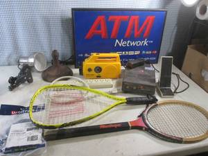 lot 19 image: (G-1) Lot of Misc - ATM Sign, Cast Iron Base, Vintage Motorola Transmit Radio, Rackets Etc