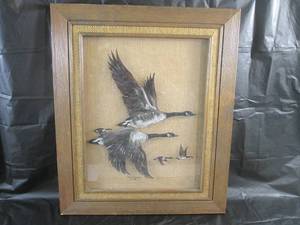 lot 21 image: (A-4) Vintage Geese Reverse Glass Painting by Patty Bergan 1988 - 15 38 x 18 38
